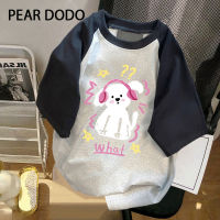 PEAR DODO เสื้อยืดแขนแร็กแลนพิมพ์ลายสุนัขโอเวอร์ไซส์สำหรับผู้หญิงเกาหลี