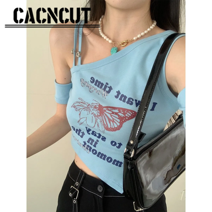 cacncut-เสื้อเสื้อยืดคอกลมผู้หญิงสำหรับนักเรียนหญิง-เสื้อเปิดไหล่สั้นเปิดไหล่แบบอเมริกัน