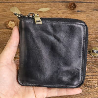 TOP☆  Handmade Leather Wallet Retro Short Japanese Vegetable Tanned Washed Cowhide Personality Trendy Mens Wallet Zipper Big Money Wallet