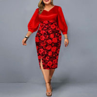 Mid Dress Plus Size 2021 Women Elegant Floral Print Mid Dresses Red Autumn Ladies Sexy V-neck Christmas Club Party Dress 5XL