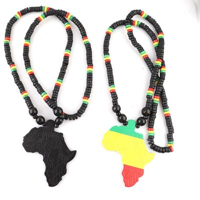 【CW】Hot Black Color and Rasta Wooden African Map Necklace For Men