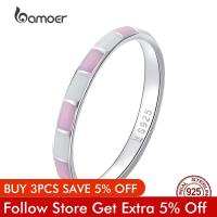 BAMOER 925 Sterling Silver Simple Check Ring Two Colors Contrast Enamel Pink White Finger Ring for Women Party Fashion Jewelry