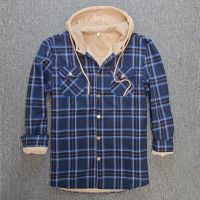 Men Fleece Plaid Shirt Jacket Winter Thermal Lined Flannel Hooded Jacket Soft Warm Outdoor Sports Shirts Male Casual Jackets