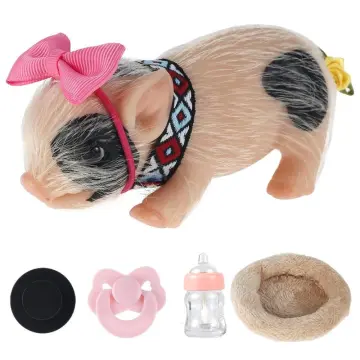 Silicone Pig Silicone Piglet with Pig Bowknot Nursing Bottle and Sleeping Pad Lifelike Animal Pig Doll Cute Realistic Miniature Reborn Silicone Piglet