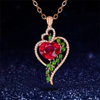 Exquisite Fashion Women 39;s Ruby Peach Heart Pendant Necklace with Green Diamond Heart Necklace Couple Engagement Jewelry