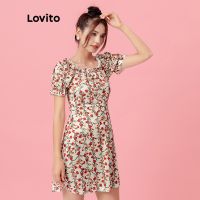 Lovito ชุดเดรสแต่งระบาย พิมพ์ลายดอกไม้ L05237 (หลากสี)