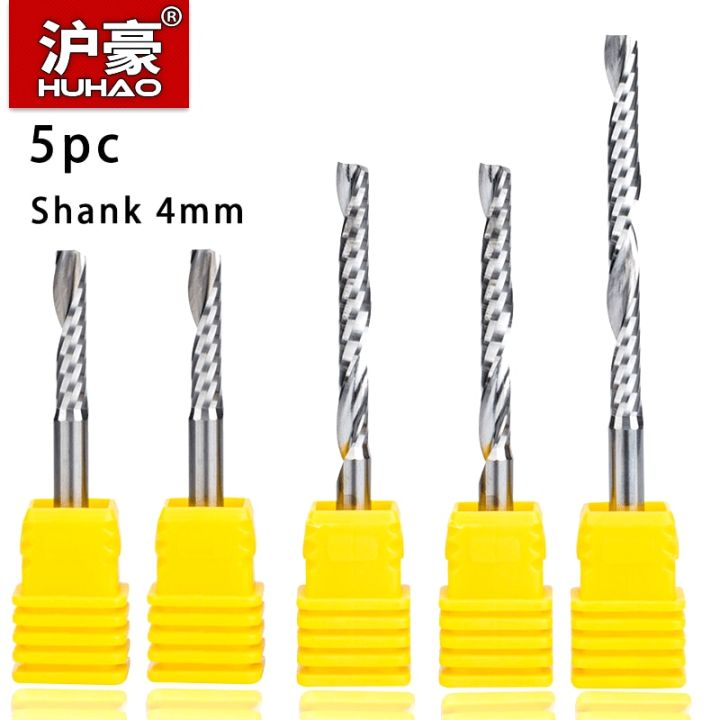 huhao-5-pcs-เครื่องตัดอะคริลิคขลุ่ยเดี่ยวเกลียว-up-cut-router-bit-shank-4mm-cnc-end-mill-ทังสเตนสตีลคาร์ไบด์-milling-cutter