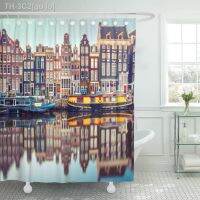 【CW】۩  Amsterdam Canal Singel Typical Dutch Houses and Houseboats During Shower Curtain 60 x 72 inches Set with Hooks