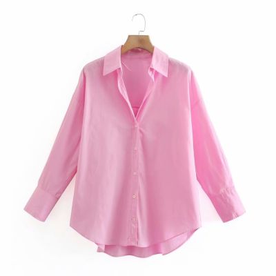 The spring of 2758 the new womens European and American wind lapel long sleeve cardigan pure color easy poplin shirt ladys