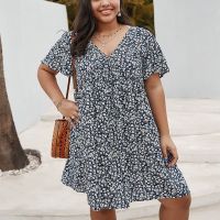 Summer New Large Size Casual Dress 8XL 7XL 6XL 5XL Bust 133CM Fashionable Women V-neck Floral Short Sleeve Cotton Dress