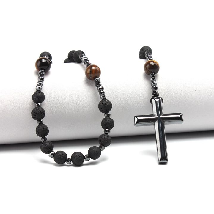 cw-natural-lava-stone-tiger-eye-hematite-cross-pendant-necklace-rosary-handmade-jewelry-for-men