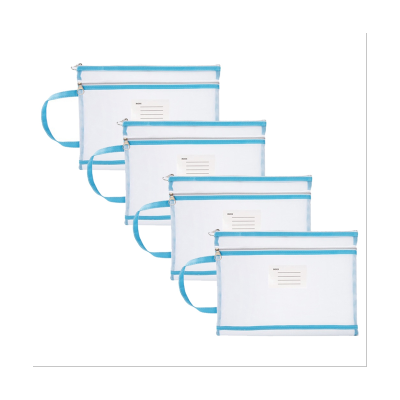 4Pcs Translucent A4 Document Bag Book File Folders Stationery Pencil Case A4 Mesh Zip Folder Blue
