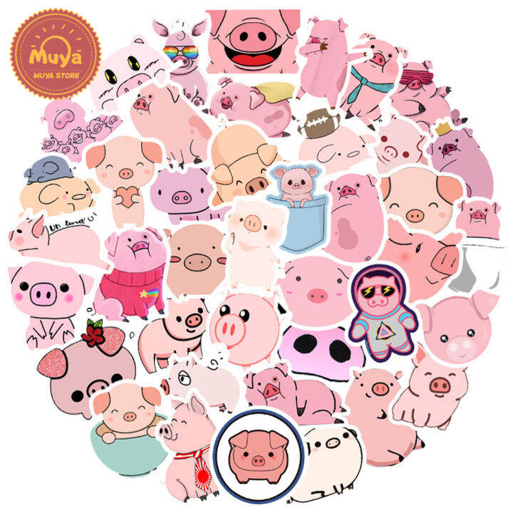 muya-50pcs-น่ารัก-piggy-สติกเกอร์กันน้ำสีชมพูอะนิเมะสติ๊กเกอร์ไวนิลสำหรับวารสารแล็ปท็อป