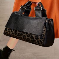 geegostudio Leopard Pattern Flap Handbag, Double Handle Large Capacity Handbag, Portable Soft Genuine Leather Stylish Packing Bag