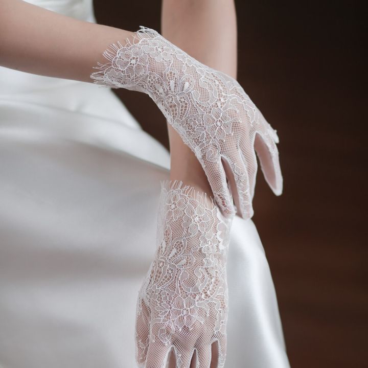 wg062แต่งงานเจ้าสาวขาสั้นสีขาวผ้าโปร่งประดับนิ้วลูกไม้ที่สวมข้อมือของเพื่อนเจ้าสาว