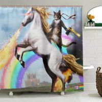 【CW】♣  Unicorn Shower Curtain With Gun Polyester Fabric Washable 12 Hooks