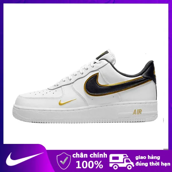 Lincoln Sports】Giày thể thao nam nữ Nike AF1 Trắng móc đen vệt vàng cổ thấp  - Giày sneaker Nike air force 1 Black Gold nam nữ Full Box 