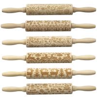 Christmas Elk Rolling Embossing Printed Rolling Pin Wooden Engraved Rolling Pin Cookie Dough Stick Baking Biscuit Roller Bread  Cake Cookie Accessorie