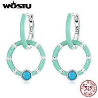 WOSTU 925 Sterling Silver Double Ring Hoop Earrings Turquoise Stones Mint Green Round Earrings For Women Fine Jewelry CTE612