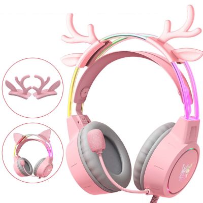 ZZOOI Wired Gaming Headphones For PC With Microphone Surround Sound For PS4/5 Xbox Phone With Deer Ear Cat Ear Girl Gifts