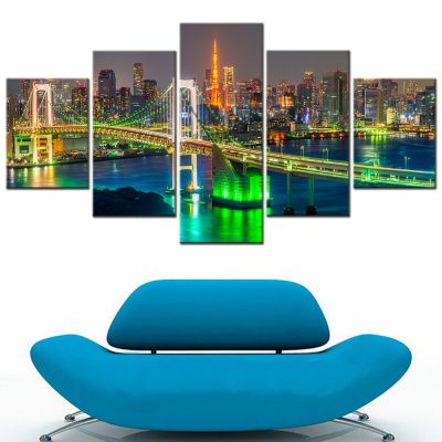 Zhangyanhui2 NewRainbow Bridge Tokyo City Night View 5แผง Wall Art ผ้าใบพิมพ์ Modern Home Decor ภาพวาดภายใน Aesthetic ตกแต่งห้อง5ชิ้น