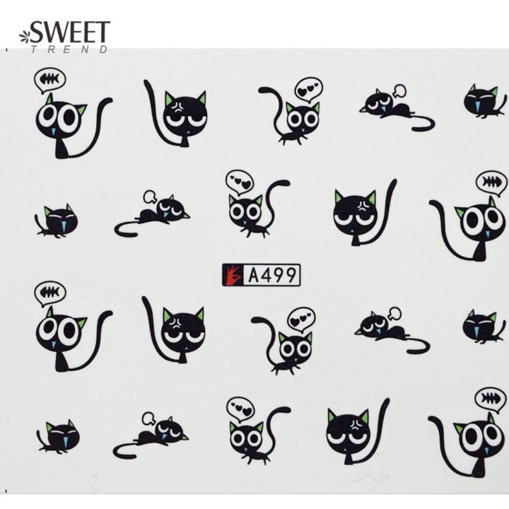 12ชิ้นตกแต่งศิลปะเล็บแมวดำสติ๊กเกอร์ติดเล็บสติกเกอร์ลอกลายน้ำดีไซน์ลายน้ำแบบลายแมวน่ารัก3มิติ