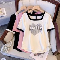 Large size letter printing contrast color stitching square collar short-sleeved T-shirt womens summer slimming loose Western style top V729