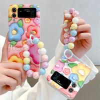 เคสโทรศัพท์จี้ติดโซ่ลูกปัดสีน่ารักสำหรับ Samsung Galaxy Z Flip 4 3เคสพิมพ์ลายดอกไม้ Kawaii สำหรับ Z Flip3 Flip4 5G