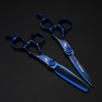 Blue 6.0 "damascus kissors กรรไกรแบบบาง FLAT CUT set.