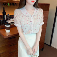 AOLINA 2023 Atasan Sifon ผ้าแจ็คการ์ดเสื้อแขนสั้นมีปกตุ๊กตาฤดูร้อนผู้หญิงดีไซน์เก๋ไก๋แบบช่องเสื้อเชิ้ตลายดอก