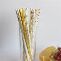 【CW】 25Pcs/pack Gold Foil Stripe Paper Straws Gold heart Star Foil Stripe Paper Straw Wedding Decoration Kids Birthday Party Supplies