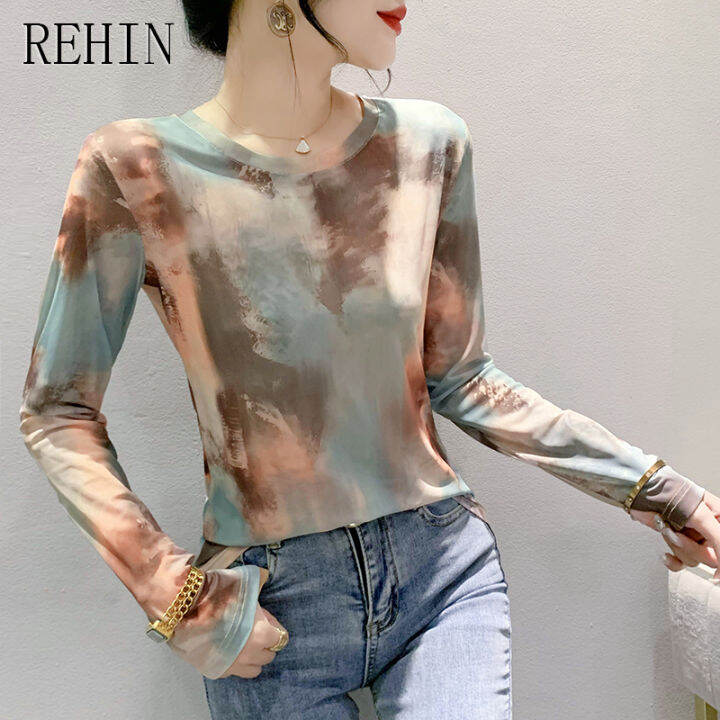 rehin-2023เสื้อของผู้หญิงใหม่บางและแฟชั่นเสื้อชีฟองพิมพ์ลายแขนคอกลมยาวเสื้อเสื้อตามเทรนด์เสื้อผ้าป้องกันแสงแดด