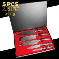 [สินค้าขายดี]  5 PCS KNIFE SET ชุดมีด 5 ชิ้น มีดทำครัวสแตนเลสสไตล์ญี่ปุ่น ด้ามไม้แท้ ใบมีดลายเลเซอร์ดามัสกัส คมกริบ ทนทาน เกรดพรีเมี่ยม