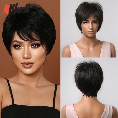 Short Straight Black Synthetic Natural Wigs with Bangs for Black Women Daily Cosplay Use Hair Wigs Heat Resistant Fiber
