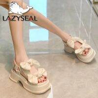 Lazyseal โบว์ตกแต่งดอกไม้แฟชั่นผู้หญิงรองเท้าเสริมส้นส้นหนา8ซม. รองเท้าส้นสูงสำหรับผู้หญิงรองเท้าลำลองฤดูร้อนหวาน