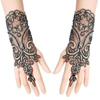 ◎ Wedding Gloves Bride Wedding Hook Finger Short Lace Embroidery Straps Gold Black Dress Sleeves Wedding Gloves for Bride