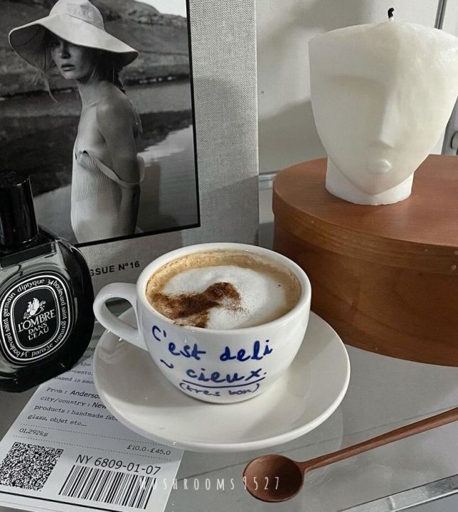สไตล์เกาหลี-niche-ร้านกาแฟที่เรียบง่ายตัวอักษรสีฟ้าแก้วเซรามิกและจานรองฝรั่งเศสย้อนยุคโรแมนติกถ้วยกาแฟถ้วยนม