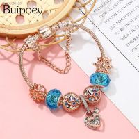 ❃✎ Buipoey Rose Gold Plated Beaded Crown Heart Lock Charm Bracelets For Women Blue Crystal Sea Animals Beads Bangles Jewelry