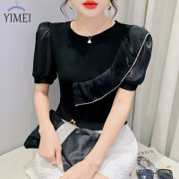 YIMEI เสื้อยืดคอกลมแขนพอง2023สำหรับฤดูร้อนเสื้อยืดผ้าระบายขอบแผงเพชรแฟชั่นของผู้หญิงเสื้อยืดผ้าฝ้ายสีดำแขนสั้น