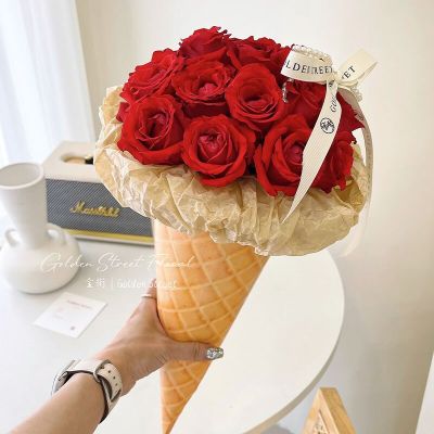 10Pc Ice Cream Cone Bouquet Wrapping Paper Ice Cream Shape Flower Box Rose Packaging Bag Crafts Wedding Valentine Day Gift Decor Gift Wrapping  Bags