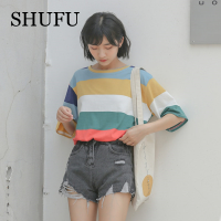 SHUFU 2220 พร้อมสต็อก เสื้อยืดลายทางสำหรับผู้หญิง โอเวอร์ไซส์ แขนสั้น ฝ้าย เสื้อยืดคอกลม ท็อปเกาหลีพลัสไซส์