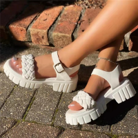 【CW】Elegant Women Leather Sandals 2022 New Summer Diamond Lattice Sandals Casual Flat Bottom Platform Sandals Women Sandalias