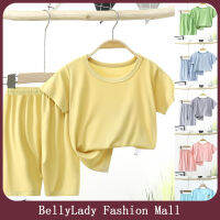 BellyLady ชุดสูทเสื้อยืดเด็ก2ชิ้นสำหรับเด็กหญิงเด็กชายเสื้อ Lengan Pendek Musim Panas กางเกงขาสั้นเสื้อใส่อยู่บ้านสีทึบ