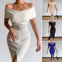 HOT★ผู้หญิงชุด Strapless Off ไหล่เข็มขัดสีทึบชุดราตรีสำหรับสำนักงาน