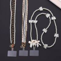 Luxury Pearl Phone Lanyard With Butterfly Tie Double Lanyer Neckband For iPhone 14Promax Portable CellPhone Strap Accessories