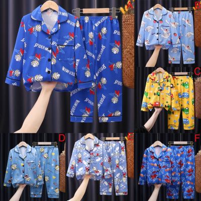 [ส่งของ]Korean Style Kids Boys Cotton Pyjamas Set Baby Sleepwear Children Long Sleeves Cartoon Print Pajamas Sleep Suit