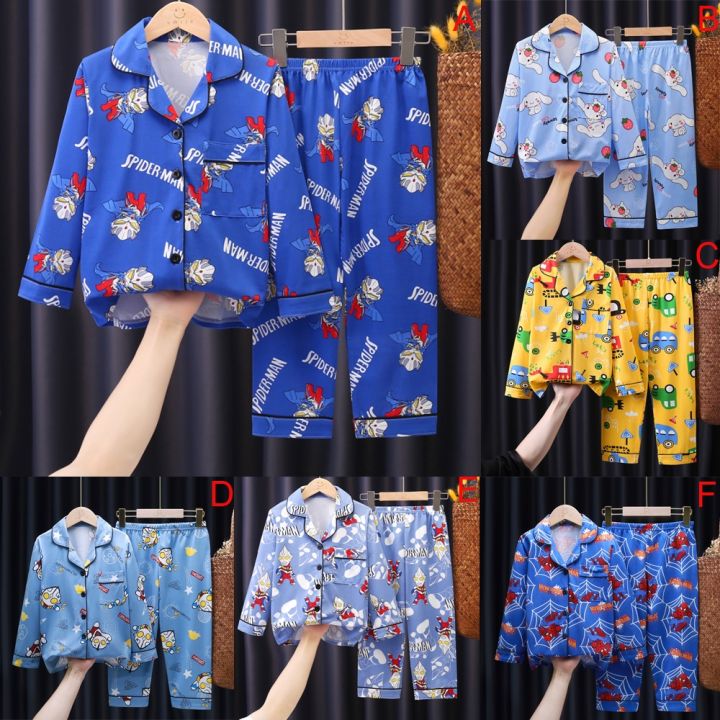 ส่งของ-korean-style-kids-boys-cotton-pyjamas-set-baby-sleepwear-children-long-sleeves-cartoon-print-pajamas-sleep-suit