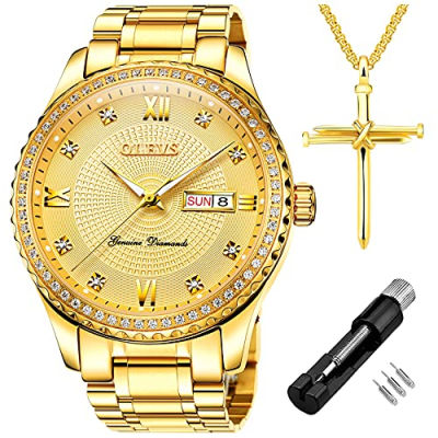 OLEVS Diamond Watches for Men,Business Dress Watch Waterproof Luminous,Male Golden Big Dial Luxury Casual Quartz Analog Watches with Day Date Calendar and Stainless Steel Band All Gold face Big Dial