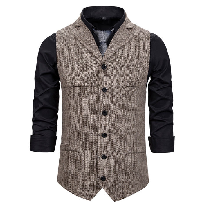 Mens Wedding Tuxedos Suits Vest  New Herringbone Tweed Casual Decorative Pocket Slim Waistcoat Formal Business Dress Vest