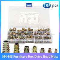 155PCS M4 M5 M6 M8 Assorted Flanged Hexagon Nut Zinc Alloy Thread For Wood Insert Nuts Flanged Hex Drive Head Furniture Nuts Nails Screws Fasteners